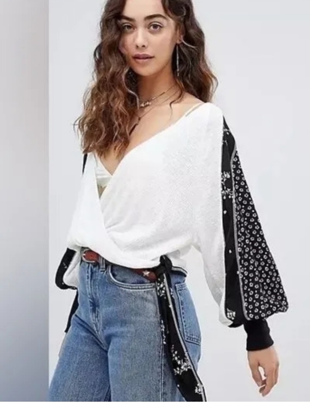 Free People Auxton Thermal Wrap Blouse White Crossover Black Floral Sleeves - XS